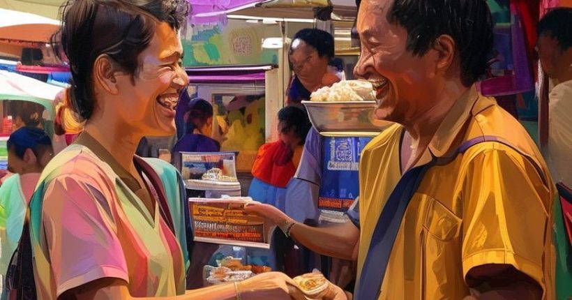 {"prompt":"A smiling individual, possibly a tourist or expat, happily interacting with a Thai local vendor selling street food. The background should be a vibrant Thai street scene with colorful signs and people. The overall image should convey the joy and reward of being able to communicate in Thai.","originalPrompt":"A smiling individual, possibly a tourist or expat, happily interacting with a Thai local vendor selling street food. The background should be a vibrant Thai street scene with colorful signs and people. The overall image should convey the joy and reward of being able to communicate in Thai.","width":1024,"height":1024,"seed":1655,"model":"sana","enhance":false,"nologo":false,"negative_prompt":"undefined","nofeed":false,"safe":false,"quality":"medium","image":[],"transparent":false,"has_nsfw_concept":false,"concept":[],"trackingData":{"actualModel":"sana","usage":{"completionImageTokens":1,"totalTokenCount":1}}}