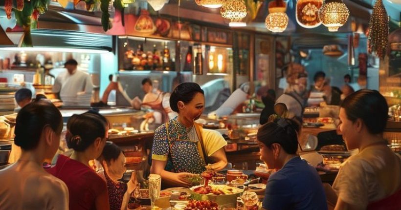 {"prompt":"Photorealistic image of a bustling, beautifully decorated Thai restaurant with happy customers enjoying their meals. Focus should be on the vibrant colors, delicious-looking food, and welcoming atmosphere. Include a glimpse of the kitchen with chefs actively preparing dishes.","originalPrompt":"Photorealistic image of a bustling, beautifully decorated Thai restaurant with happy customers enjoying their meals. Focus should be on the vibrant colors, delicious-looking food, and welcoming atmosphere. Include a glimpse of the kitchen with chefs actively preparing dishes.","width":1024,"height":1024,"seed":2329,"model":"sana","enhance":false,"nologo":false,"negative_prompt":"undefined","nofeed":false,"safe":false,"quality":"medium","image":[],"transparent":false,"has_nsfw_concept":false,"concept":[],"trackingData":{"actualModel":"sana","usage":{"completionImageTokens":1,"totalTokenCount":1}}}