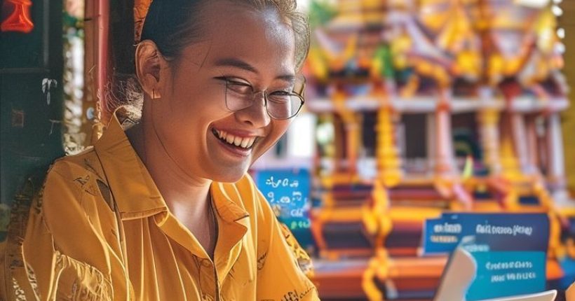 {"prompt":"Photorealistic image of a person happily studying Thai language online on a laptop. The background shows a vibrant Thai temple and the person is smiling, radiating a sense of accomplishment and joy. The laptop screen displaying Thai script and interactive lessons. Incorporate subtle Thai cultural elements.","originalPrompt":"Photorealistic image of a person happily studying Thai language online on a laptop. The background shows a vibrant Thai temple and the person is smiling, radiating a sense of accomplishment and joy. The laptop screen displaying Thai script and interactive lessons. Incorporate subtle Thai cultural elements.","width":1024,"height":1024,"seed":2347,"model":"sana","enhance":false,"nologo":false,"negative_prompt":"undefined","nofeed":false,"safe":false,"quality":"medium","image":[],"transparent":false,"has_nsfw_concept":false,"concept":[],"trackingData":{"actualModel":"sana","usage":{"completionImageTokens":1,"totalTokenCount":1}}}