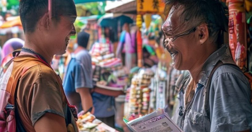 {"prompt":"Photorealistic image of a smiling tourist in Thailand interacting with a local vendor at a bustling market, with Thai script visible in the background. The scene should convey warmth, cultural exchange, and the joy of learning a new language. Focus on vibrant colors and authentic details of Thai culture. The tourist should be holding a phrasebook or using a translation app.","originalPrompt":"Photorealistic image of a smiling tourist in Thailand interacting with a local vendor at a bustling market, with Thai script visible in the background. The scene should convey warmth, cultural exchange, and the joy of learning a new language. Focus on vibrant colors and authentic details of Thai culture. The tourist should be holding a phrasebook or using a translation app.","width":1024,"height":1024,"seed":2483,"model":"sana","enhance":false,"nologo":false,"negative_prompt":"undefined","nofeed":false,"safe":false,"quality":"medium","image":[],"transparent":false,"has_nsfw_concept":false,"concept":[],"trackingData":{"actualModel":"sana","usage":{"completionImageTokens":1,"totalTokenCount":1}}}