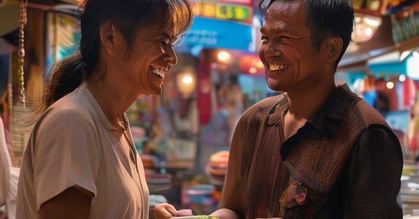 {"prompt":"Photorealistic image of a person smiling warmly while interacting with a Thai street food vendor. The background includes vibrant Thai street scenes with colorful signs and a lively atmosphere. The person is holding a dish and looking at the vendor with a joyful expression, representing successful communication in Thai.","originalPrompt":"Photorealistic image of a person smiling warmly while interacting with a Thai street food vendor. The background includes vibrant Thai street scenes with colorful signs and a lively atmosphere. The person is holding a dish and looking at the vendor with a joyful expression, representing successful communication in Thai.","width":1024,"height":1024,"seed":2527,"model":"sana","enhance":false,"nologo":false,"negative_prompt":"undefined","nofeed":false,"safe":false,"quality":"medium","image":[],"transparent":false,"has_nsfw_concept":false,"concept":[],"trackingData":{"actualModel":"sana","usage":{"completionImageTokens":1,"totalTokenCount":1}}}
