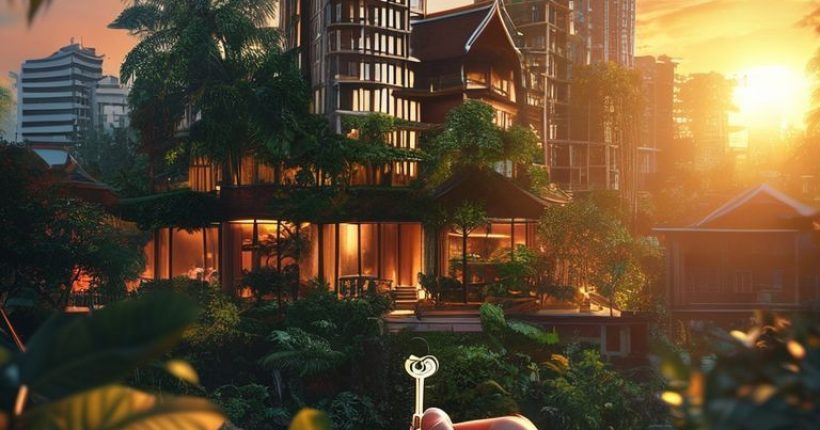 {"prompt":"Photorealistic image depicting a modern Thai cityscape at sunset, with a blend of traditional and contemporary architecture. Focus on a luxury condominium with warm lighting and lush greenery. In the foreground, include a person holding a set of keys, symbolizing home ownership and investment. The overall mood should be aspirational and suggest financial prosperity.","originalPrompt":"Photorealistic image depicting a modern Thai cityscape at sunset, with a blend of traditional and contemporary architecture. Focus on a luxury condominium with warm lighting and lush greenery. In the foreground, include a person holding a set of keys, symbolizing home ownership and investment. The overall mood should be aspirational and suggest financial prosperity.","width":1024,"height":1024,"seed":2971,"model":"sana","enhance":false,"nologo":false,"negative_prompt":"undefined","nofeed":false,"safe":false,"quality":"medium","image":[],"transparent":false,"has_nsfw_concept":false,"concept":[],"trackingData":{"actualModel":"sana","usage":{"completionImageTokens":1,"totalTokenCount":1}}}