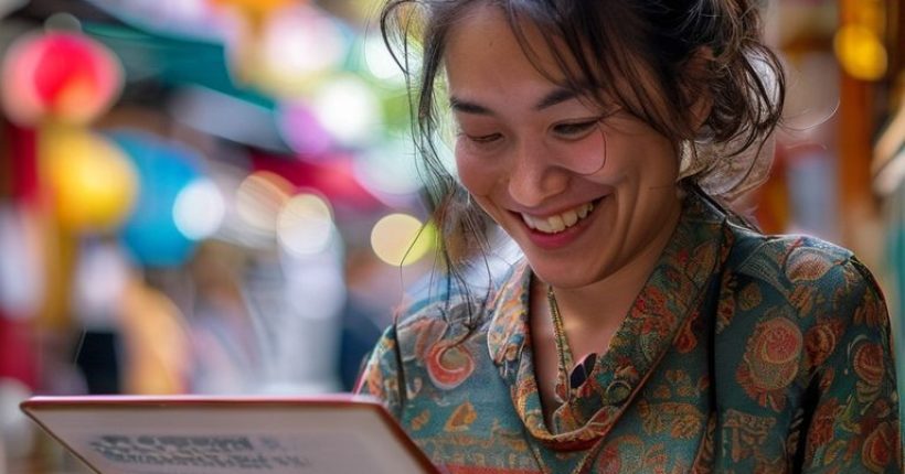 {"prompt":"Photorealistic image of a person smiling and looking at a Thai language textbook or app on a tablet, with a backdrop of a vibrant Thai street scene in soft focus. The person should appear approachable and engaged in learning. Include Thai script elements subtly in the background.","originalPrompt":"Photorealistic image of a person smiling and looking at a Thai language textbook or app on a tablet, with a backdrop of a vibrant Thai street scene in soft focus. The person should appear approachable and engaged in learning. Include Thai script elements subtly in the background.","width":1024,"height":1024,"seed":3038,"model":"sana","enhance":false,"nologo":false,"negative_prompt":"undefined","nofeed":false,"safe":false,"quality":"medium","image":[],"transparent":false,"has_nsfw_concept":false,"concept":[],"trackingData":{"actualModel":"sana","usage":{"completionImageTokens":1,"totalTokenCount":1}}}