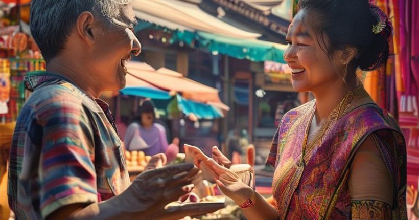 {"prompt":"A vibrant, photorealistic image depicting a person happily interacting with a Thai local in a market scene. The person is using gestures and trying to speak Thai, while the local is smiling and understanding. Food stalls, colorful textiles, and traditional Thai architecture are visible in the background.","originalPrompt":"A vibrant, photorealistic image depicting a person happily interacting with a Thai local in a market scene. The person is using gestures and trying to speak Thai, while the local is smiling and understanding. Food stalls, colorful textiles, and traditional Thai architecture are visible in the background.","width":1024,"height":1024,"seed":4709,"model":"sana","enhance":false,"nologo":false,"negative_prompt":"undefined","nofeed":false,"safe":false,"quality":"medium","image":[],"transparent":false,"has_nsfw_concept":false,"concept":[],"trackingData":{"actualModel":"sana","usage":{"completionImageTokens":1,"totalTokenCount":1}}}