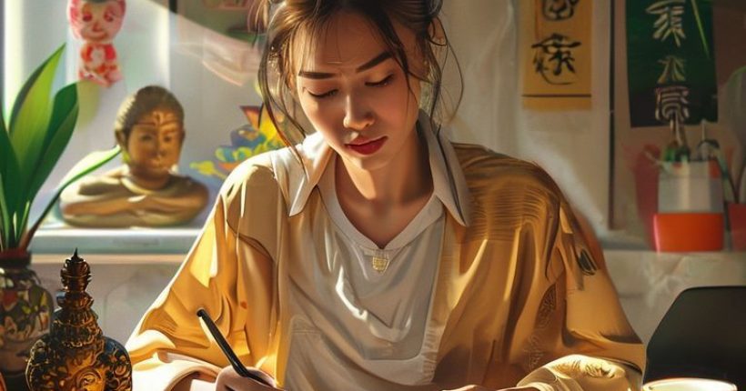 {"prompt":"Photorealistic image of a person studying Thai language materials (textbook, flashcards, laptop) at a desk. The scene should be bright and inviting, with elements of Thai culture in the background (e.g., a small Buddha statue, a Thai painting, or a plant). Focus on the person's determined yet relaxed expression; they are clearly engaged in learning. Consider adding visual elements representing the challenges and rewards of learning Thai, such as a depiction of the Thai alphabet or a steaming bowl of Pad Thai. The overall mood should be optimistic and encouraging.","originalPrompt":"Photorealistic image of a person studying Thai language materials (textbook, flashcards, laptop) at a desk. The scene should be bright and inviting, with elements of Thai culture in the background (e.g., a small Buddha statue, a Thai painting, or a plant). Focus on the person's determined yet relaxed expression; they are clearly engaged in learning. Consider adding visual elements representing the challenges and rewards of learning Thai, such as a depiction of the Thai alphabet or a steaming bowl of Pad Thai. The overall mood should be optimistic and encouraging.","width":1024,"height":1024,"seed":4831,"model":"sana","enhance":false,"nologo":false,"negative_prompt":"undefined","nofeed":false,"safe":false,"quality":"medium","image":[],"transparent":false,"has_nsfw_concept":false,"concept":[],"trackingData":{"actualModel":"sana","usage":{"completionImageTokens":1,"totalTokenCount":1}}}