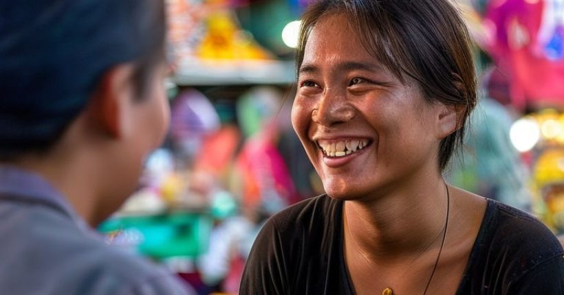 {"prompt":"A warm and inviting photo of a person smiling confidently while speaking Thai to a local vendor in a bustling Bangkok market. The focus is on the positive interaction and the joy of communication. The background should be colorful and vibrant, depicting the energy of Thai culture.","originalPrompt":"A warm and inviting photo of a person smiling confidently while speaking Thai to a local vendor in a bustling Bangkok market. The focus is on the positive interaction and the joy of communication. The background should be colorful and vibrant, depicting the energy of Thai culture.","width":1024,"height":1024,"seed":6639,"model":"sana","enhance":false,"nologo":false,"negative_prompt":"undefined","nofeed":false,"safe":false,"quality":"medium","image":[],"transparent":false,"has_nsfw_concept":false,"concept":[],"trackingData":{"actualModel":"sana","usage":{"completionImageTokens":1,"totalTokenCount":1}}}