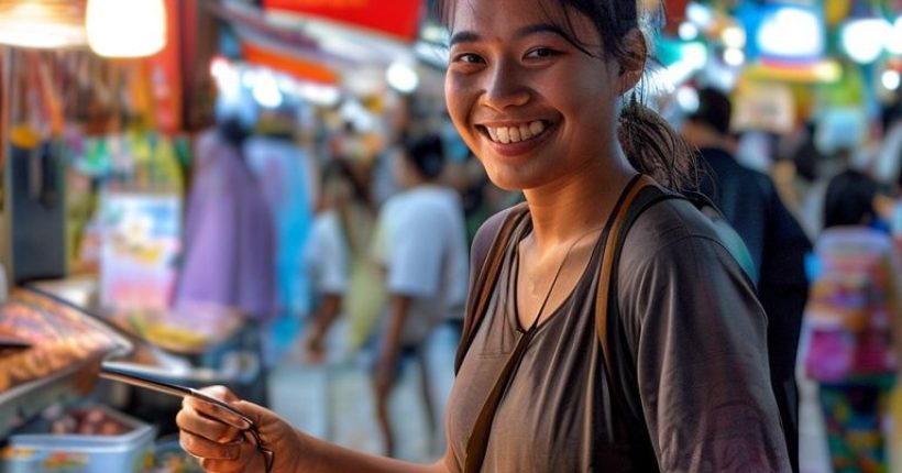 {"prompt":"Photorealistic image of a smiling tourist confidently ordering street food in Bangkok, Thailand. The tourist is using Thai phrases and gesturing, indicating a successful communication with the vendor. The background is a bustling street scene with vibrant food stalls.","originalPrompt":"Photorealistic image of a smiling tourist confidently ordering street food in Bangkok, Thailand. The tourist is using Thai phrases and gesturing, indicating a successful communication with the vendor. The background is a bustling street scene with vibrant food stalls.","width":1024,"height":1024,"seed":8581,"model":"sana","enhance":false,"nologo":false,"negative_prompt":"undefined","nofeed":false,"safe":false,"quality":"medium","image":[],"transparent":false,"has_nsfw_concept":false,"concept":[],"trackingData":{"actualModel":"sana","usage":{"completionImageTokens":1,"totalTokenCount":1}}}