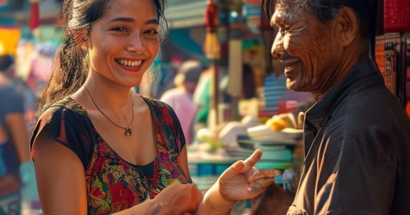 {"prompt":"Photorealistic image depicting a smiling woman (foreigner) confidently ordering food from a Thai street vendor. The background should be a bustling Thai street scene with vibrant colors and traditional elements. The woman should be using hand gestures and attempting to speak Thai. The vendor should be smiling and understanding. The overall image should convey a sense of cultural immersion and successful communication.","originalPrompt":"Photorealistic image depicting a smiling woman (foreigner) confidently ordering food from a Thai street vendor. The background should be a bustling Thai street scene with vibrant colors and traditional elements. The woman should be using hand gestures and attempting to speak Thai. The vendor should be smiling and understanding. The overall image should convey a sense of cultural immersion and successful communication.","width":1024,"height":1024,"seed":13434,"model":"sana","enhance":false,"nologo":false,"negative_prompt":"undefined","nofeed":false,"safe":false,"quality":"medium","image":[],"transparent":false,"has_nsfw_concept":false,"concept":[],"trackingData":{"actualModel":"sana","usage":{"completionImageTokens":1,"totalTokenCount":1}}}