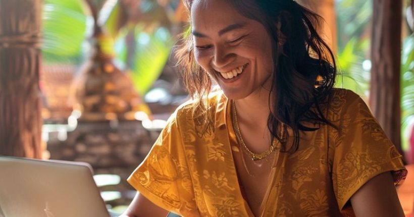 {"prompt":"A person studying Thai language materials (books, flashcards, laptop) with a Thai-style background (temple, beach). The person is smiling and looks engaged. The color palette should be warm and inviting.","originalPrompt":"A person studying Thai language materials (books, flashcards, laptop) with a Thai-style background (temple, beach). The person is smiling and looks engaged. The color palette should be warm and inviting.","width":1024,"height":1024,"seed":14416,"model":"sana","enhance":false,"nologo":false,"negative_prompt":"undefined","nofeed":false,"safe":false,"quality":"medium","image":[],"transparent":false,"has_nsfw_concept":false,"concept":[],"trackingData":{"actualModel":"sana","usage":{"completionImageTokens":1,"totalTokenCount":1}}}