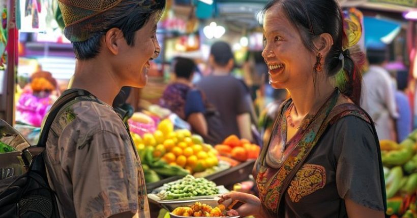 {"prompt":"Photorealistic cover image depicting a friendly conversation between a tourist and a Thai local at a vibrant Thai market. The tourist is attempting to order food in Thai, and the local is smiling and helping them. The background should show bustling market activity with colorful fruits, vegetables, and Thai street food.","originalPrompt":"Photorealistic cover image depicting a friendly conversation between a tourist and a Thai local at a vibrant Thai market. The tourist is attempting to order food in Thai, and the local is smiling and helping them. The background should show bustling market activity with colorful fruits, vegetables, and Thai street food.","width":1024,"height":1024,"seed":14604,"model":"sana","enhance":false,"nologo":false,"negative_prompt":"undefined","nofeed":false,"safe":false,"quality":"medium","image":[],"transparent":false,"has_nsfw_concept":false,"concept":[],"trackingData":{"actualModel":"sana","usage":{"completionImageTokens":1,"totalTokenCount":1}}}