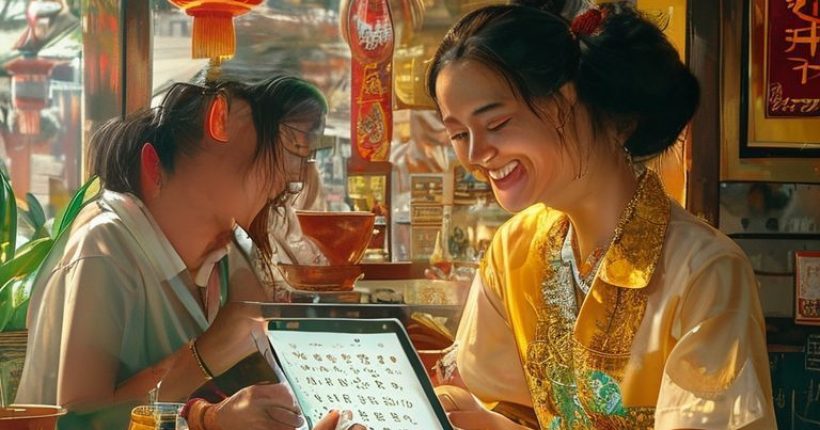 {"prompt":"A vibrant and inviting photorealistic image of a person studying the Thai alphabet with a friendly Thai tutor in the background. The setting is a cozy cafe with traditional Thai decorations. The person is using a tablet displaying Thai words and phrases, while the tutor smiles encouragingly. The overall atmosphere is positive, energetic, and culturally rich.","originalPrompt":"A vibrant and inviting photorealistic image of a person studying the Thai alphabet with a friendly Thai tutor in the background. The setting is a cozy cafe with traditional Thai decorations. The person is using a tablet displaying Thai words and phrases, while the tutor smiles encouragingly. The overall atmosphere is positive, energetic, and culturally rich.","width":1024,"height":1024,"seed":14972,"model":"sana","enhance":false,"nologo":false,"negative_prompt":"undefined","nofeed":false,"safe":false,"quality":"medium","image":[],"transparent":false,"has_nsfw_concept":false,"concept":[],"trackingData":{"actualModel":"sana","usage":{"completionImageTokens":1,"totalTokenCount":1}}}