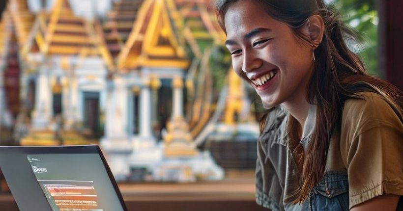 {"prompt":"Photorealistic image of a person smiling while using a laptop to learn Thai online. The background shows iconic Thai landmarks like Wat Arun and the Grand Palace, subtly blurred. The laptop screen displays a Thai language learning interface. The overall mood is positive, inviting, and educational.","originalPrompt":"Photorealistic image of a person smiling while using a laptop to learn Thai online. The background shows iconic Thai landmarks like Wat Arun and the Grand Palace, subtly blurred. The laptop screen displays a Thai language learning interface. The overall mood is positive, inviting, and educational.","width":1024,"height":1024,"seed":15277,"model":"sana","enhance":false,"nologo":false,"negative_prompt":"undefined","nofeed":false,"safe":false,"quality":"medium","image":[],"transparent":false,"has_nsfw_concept":false,"concept":[],"trackingData":{"actualModel":"sana","usage":{"completionImageTokens":1,"totalTokenCount":1}}}
