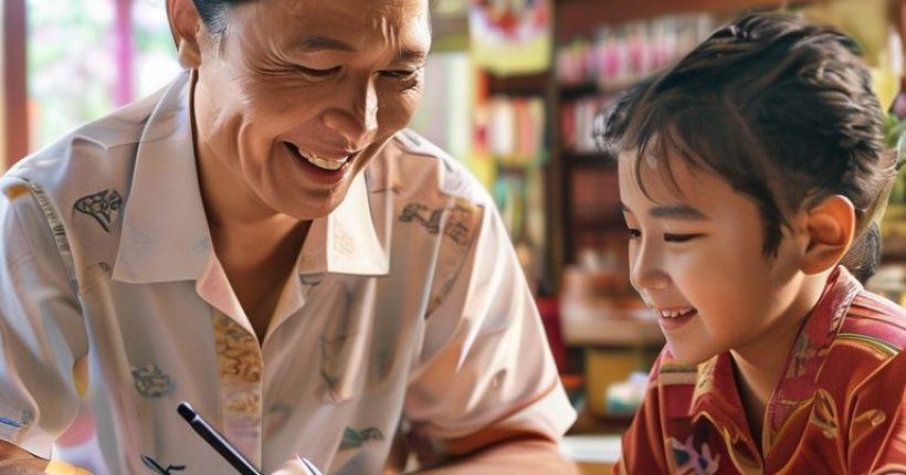 {"prompt":"Photorealistic image of a friendly Thai teacher helping a foreign student learn to write Thai characters. The scene is set in a bright and welcoming classroom with traditional Thai decorations in the background. The student is smiling and engaged, holding a pencil over a notebook filled with Thai script. The teacher is pointing to the script with a gentle and encouraging expression. Close-up shot, warm lighting, shallow depth of field to highlight the interaction between teacher and student.","originalPrompt":"Photorealistic image of a friendly Thai teacher helping a foreign student learn to write Thai characters. The scene is set in a bright and welcoming classroom with traditional Thai decorations in the background. The student is smiling and engaged, holding a pencil over a notebook filled with Thai script. The teacher is pointing to the script with a gentle and encouraging expression. Close-up shot, warm lighting, shallow depth of field to highlight the interaction between teacher and student.","width":1024,"height":1024,"seed":15461,"model":"sana","enhance":false,"nologo":false,"negative_prompt":"undefined","nofeed":false,"safe":false,"quality":"medium","image":[],"transparent":false,"has_nsfw_concept":false,"concept":[],"trackingData":{"actualModel":"sana","usage":{"completionImageTokens":1,"totalTokenCount":1}}}