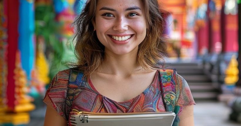 {"prompt":"A smiling Caucasian woman with a notebook in her hands, standing in front of a colorful Thai temple. The cover image should exude confidence and convey the idea of successfully learning the Thai language. The background should be vibrant and reflect Thai culture. Photorealistic and high-quality.","originalPrompt":"A smiling Caucasian woman with a notebook in her hands, standing in front of a colorful Thai temple. The cover image should exude confidence and convey the idea of successfully learning the Thai language. The background should be vibrant and reflect Thai culture. Photorealistic and high-quality.","width":1024,"height":1024,"seed":16746,"model":"sana","enhance":false,"nologo":false,"negative_prompt":"undefined","nofeed":false,"safe":false,"quality":"medium","image":[],"transparent":false,"has_nsfw_concept":false,"concept":[],"trackingData":{"actualModel":"sana","usage":{"completionImageTokens":1,"totalTokenCount":1}}}