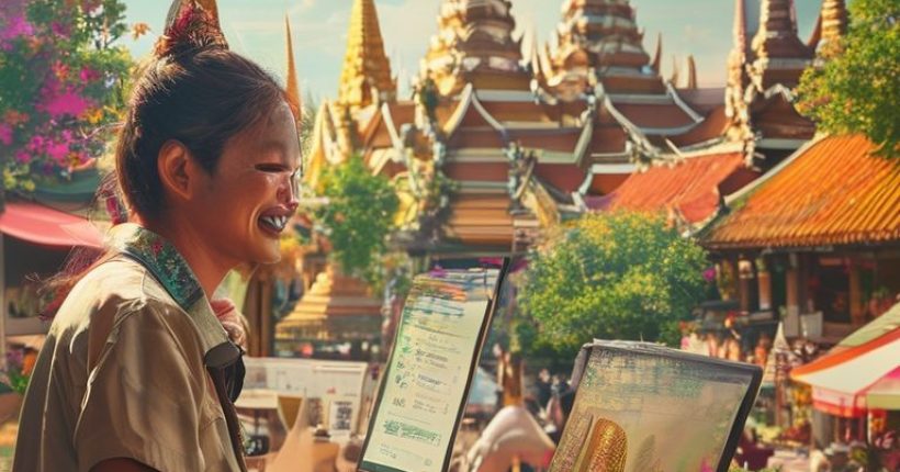 {"prompt":"A vibrant photorealistic image showcasing a person happily learning Thai online using a laptop. In the background, show iconic Thai landmarks like temples and bustling markets. The overall tone should be encouraging and depict the joy of language learning.","originalPrompt":"A vibrant photorealistic image showcasing a person happily learning Thai online using a laptop. In the background, show iconic Thai landmarks like temples and bustling markets. The overall tone should be encouraging and depict the joy of language learning.","width":1024,"height":1024,"seed":18214,"model":"sana","enhance":false,"nologo":false,"negative_prompt":"undefined","nofeed":false,"safe":false,"quality":"medium","image":[],"transparent":false,"has_nsfw_concept":false,"concept":[],"trackingData":{"actualModel":"sana","usage":{"completionImageTokens":1,"totalTokenCount":1}}}