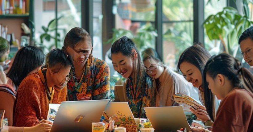 {"prompt":"Photorealistic image of a diverse group of people happily studying Thai language materials together in a co-working space, with laptops, books, and Thai snacks on the table. The atmosphere should be warm and inviting, conveying a sense of collaboration and enjoyment in learning the Thai language.","originalPrompt":"Photorealistic image of a diverse group of people happily studying Thai language materials together in a co-working space, with laptops, books, and Thai snacks on the table. The atmosphere should be warm and inviting, conveying a sense of collaboration and enjoyment in learning the Thai language.","width":1024,"height":1024,"seed":1513,"model":"sana","enhance":false,"nologo":false,"negative_prompt":"undefined","nofeed":false,"safe":false,"quality":"medium","image":[],"transparent":false,"has_nsfw_concept":false,"concept":[],"trackingData":{"actualModel":"sana","usage":{"completionImageTokens":1,"totalTokenCount":1}}}