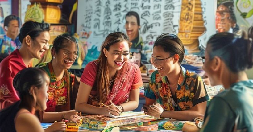 {"prompt":"A visually appealing and photorealistic cover image depicting a diverse group of people happily engaged in a Thai language learning activity, such as practicing Thai script on a whiteboard, conversing with Thai speakers, or exploring Thai culture through books and visuals. The image should convey a sense of fun, cultural immersion, and effective learning. Consider incorporating iconic Thai elements in the background subtly (e.g., temples, Thai script). The overall tone should be vibrant and inviting, encouraging viewers to explore the article about learning Thai.","originalPrompt":"A visually appealing and photorealistic cover image depicting a diverse group of people happily engaged in a Thai language learning activity, such as practicing Thai script on a whiteboard, conversing with Thai speakers, or exploring Thai culture through books and visuals. The image should convey a sense of fun, cultural immersion, and effective learning. Consider incorporating iconic Thai elements in the background subtly (e.g., temples, Thai script). The overall tone should be vibrant and inviting, encouraging viewers to explore the article about learning Thai.","width":1024,"height":1024,"seed":1538,"model":"sana","enhance":false,"nologo":false,"negative_prompt":"undefined","nofeed":false,"safe":false,"quality":"medium","image":[],"transparent":false,"has_nsfw_concept":false,"concept":[],"trackingData":{"actualModel":"sana","usage":{"completionImageTokens":1,"totalTokenCount":1}}}