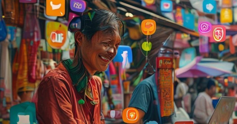 {"prompt":"A photorealistic digital art piece depicting a vibrant and bustling Thai street market scene, with digital overlays of social media icons and e-commerce logos subtly integrated into the environment. The focus should be on a determined Thai business owner in the foreground, smiling and using a laptop, radiating entrepreneurial spirit. The overall tone should be optimistic and inviting, symbolizing the potential of online business in Thailand.","originalPrompt":"A photorealistic digital art piece depicting a vibrant and bustling Thai street market scene, with digital overlays of social media icons and e-commerce logos subtly integrated into the environment. The focus should be on a determined Thai business owner in the foreground, smiling and using a laptop, radiating entrepreneurial spirit. The overall tone should be optimistic and inviting, symbolizing the potential of online business in Thailand.","width":1024,"height":1024,"seed":1550,"model":"sana","enhance":false,"nologo":false,"negative_prompt":"undefined","nofeed":false,"safe":false,"quality":"medium","image":[],"transparent":false,"has_nsfw_concept":false,"concept":[],"trackingData":{"actualModel":"sana","usage":{"completionImageTokens":1,"totalTokenCount":1}}}