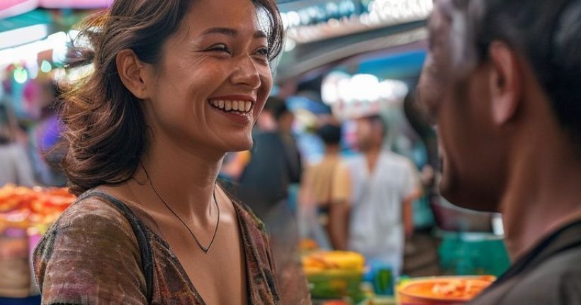 {"prompt":"Photorealistic image depicting a smiling Caucasian woman interacting with a Thai street vendor. The woman is speaking Thai, and the vendor is smiling back. Background showing a vibrant Thai street scene with colorful food stalls and people. The focus should be on the positive interaction and communication.","originalPrompt":"Photorealistic image depicting a smiling Caucasian woman interacting with a Thai street vendor. The woman is speaking Thai, and the vendor is smiling back. Background showing a vibrant Thai street scene with colorful food stalls and people. The focus should be on the positive interaction and communication.","width":1024,"height":1024,"seed":1570,"model":"sana","enhance":false,"nologo":false,"negative_prompt":"undefined","nofeed":false,"safe":false,"quality":"medium","image":[],"transparent":false,"has_nsfw_concept":false,"concept":[],"trackingData":{"actualModel":"sana","usage":{"completionImageTokens":1,"totalTokenCount":1}}}
