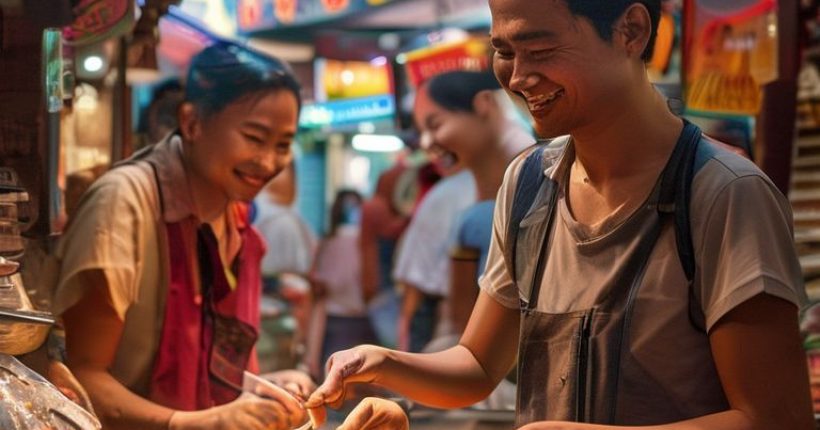 {"prompt":"Photorealistic image of a smiling tourist interacting with a Thai street food vendor. The vendor is preparing Pad Thai, and the tourist is pointing at ingredients while attempting to speak Thai. The background is a bustling Thai street with colorful signs and people. Focus on the warm, welcoming atmosphere.","originalPrompt":"Photorealistic image of a smiling tourist interacting with a Thai street food vendor. The vendor is preparing Pad Thai, and the tourist is pointing at ingredients while attempting to speak Thai. The background is a bustling Thai street with colorful signs and people. Focus on the warm, welcoming atmosphere.","width":1024,"height":1024,"seed":19931,"model":"sana","enhance":false,"nologo":false,"negative_prompt":"undefined","nofeed":false,"safe":false,"quality":"medium","image":[],"transparent":false,"has_nsfw_concept":false,"concept":[],"trackingData":{"actualModel":"sana","usage":{"completionImageTokens":1,"totalTokenCount":1}}}