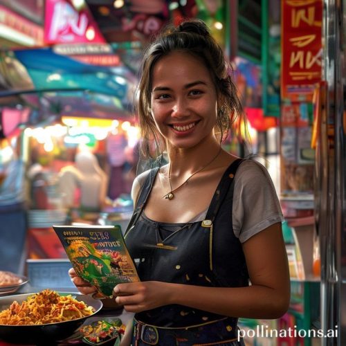 {"prompt":"Photorealistic image of a smiling woman (foreigner) confidently ordering Pad Thai from a street food vendor in Bangkok, Thailand. The scene should be vibrant with colorful street food stalls in the background. The woman is holding a small Thai phrasebook.","originalPrompt":"Photorealistic image of a smiling woman (foreigner) confidently ordering Pad Thai from a street food vendor in Bangkok, Thailand. The scene should be vibrant with colorful street food stalls in the background. The woman is holding a small Thai phrasebook.","width":1024,"height":1024,"seed":20788,"model":"sana","enhance":false,"nologo":false,"negative_prompt":"undefined","nofeed":false,"safe":false,"quality":"medium","image":[],"transparent":false,"has_nsfw_concept":false,"concept":[],"trackingData":{"actualModel":"sana","usage":{"completionImageTokens":1,"totalTokenCount":1}}}